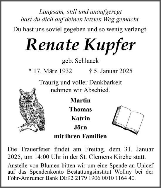 Traueranzeige von Renate Kupfer von Der Insel-Bote