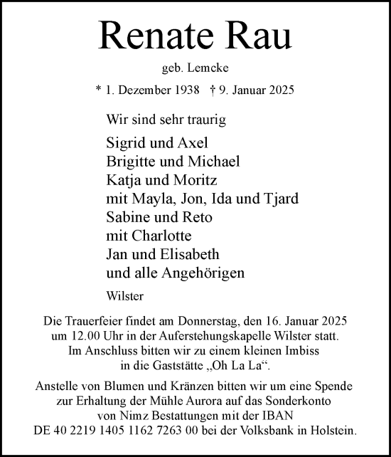 Traueranzeige von Renate Rau von Norddeutsche Rundschau, Wilstersche Zeitung, Glückstädter Fortuna