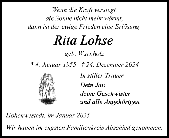 Traueranzeige von Rita Lohse von Schleswig-Holsteinische Landeszeitung