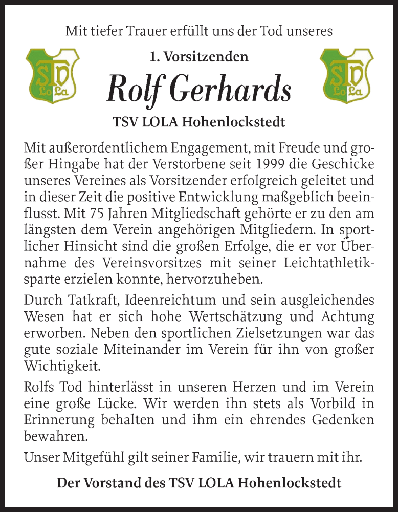  Traueranzeige für Rolf Gerhards vom 28.12.2024 aus Norddeutsche Rundschau, Wilstersche Zeitung, Glückstädter Fortuna