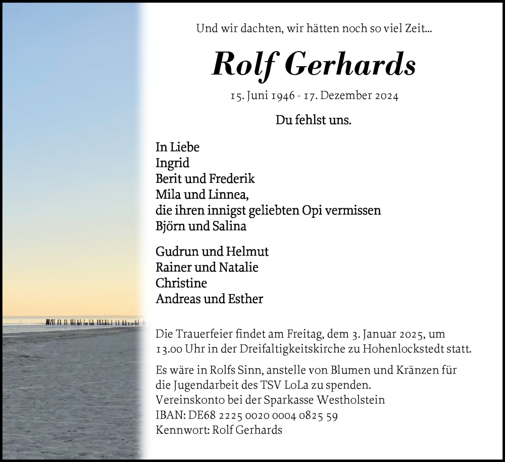  Traueranzeige für Rolf Gerhards vom 28.12.2024 aus Norddeutsche Rundschau, Wilstersche Zeitung, Glückstädter Fortuna