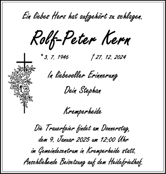 Traueranzeige von Rolf-Peter Kern von Norddeutsche Rundschau, Wilstersche Zeitung, Glückstädter Fortuna