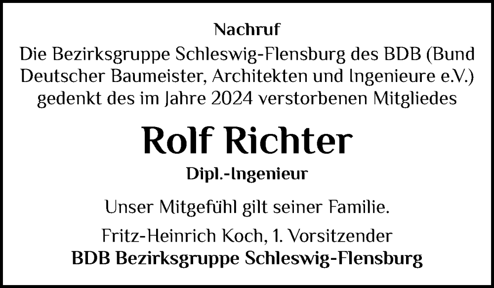  Traueranzeige für Rolf Richter vom 17.01.2025 aus Schleswiger Nachrichten, Schlei-Bote