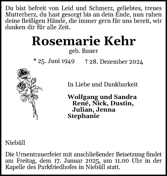 Traueranzeige von Rosemarie Kehr von Husumer Nachrichten, Nordfriesland Tageblatt