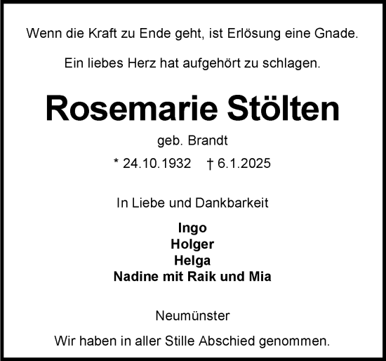 Traueranzeige von Rosemarie Stölten von Holsteinischer Courier