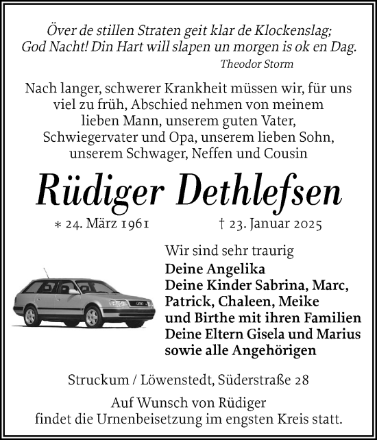 Traueranzeige von Rüdiger Dethlefsen von Husumer Nachrichten, Nordfriesland Tageblatt