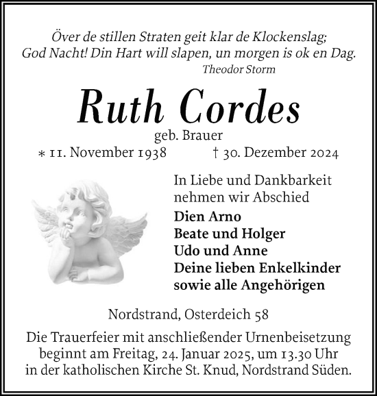 Traueranzeige von Ruth Cordes von Husumer Nachrichten, Nordfriesland Tageblatt