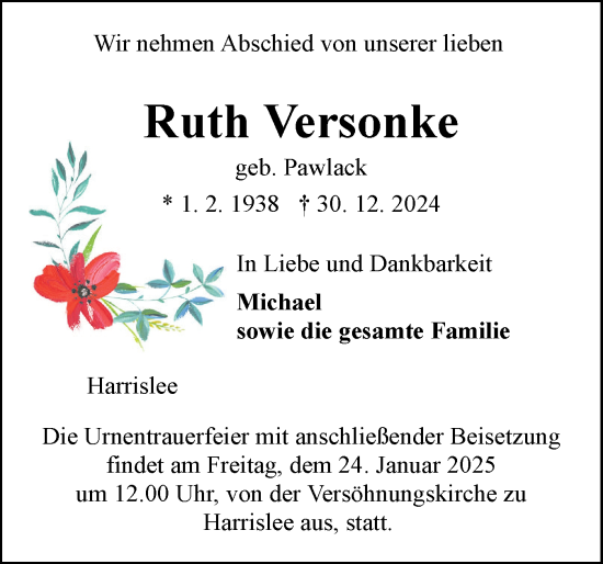 Traueranzeige von Ruth Versonke von Flensburger Tageblatt