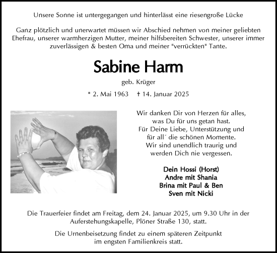 Traueranzeige von Sabine Harm von Holsteinischer Courier