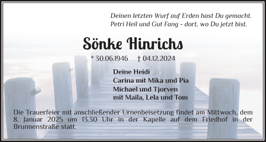 Traueranzeige von Sönke Hinrichs von Norddeutsche Rundschau, Wilstersche Zeitung, Glückstädter Fortuna