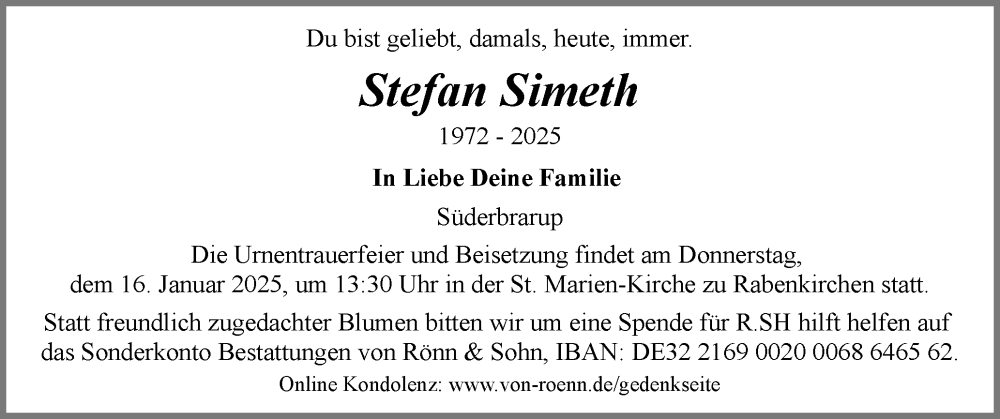  Traueranzeige für Stefan Simeth vom 11.01.2025 aus Schleswiger Nachrichten, Schlei-Bote