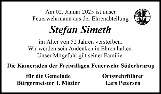 Traueranzeige von Stefan Simeth von Schleswiger Nachrichten, Schlei-Bote