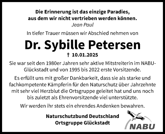 Traueranzeige von Sybille Petersen von Norddeutsche Rundschau, Wilstersche Zeitung, Glückstädter Fortuna