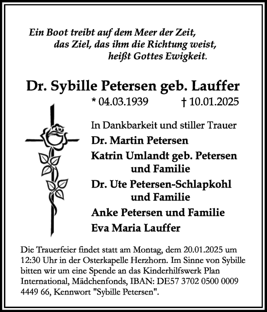 Traueranzeige von Sybille Petersen von Norddeutsche Rundschau, Wilstersche Zeitung, Glückstädter Fortuna