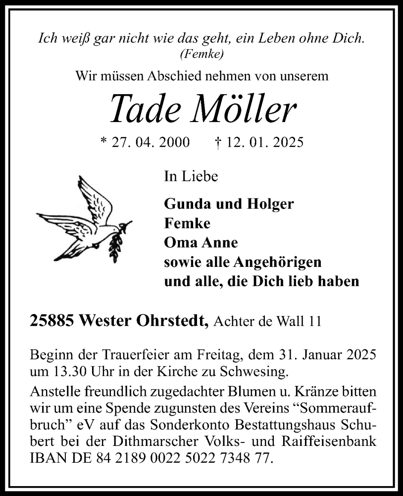  Traueranzeige für Tade Möller vom 25.01.2025 aus Husumer Nachrichten, Nordfriesland Tageblatt