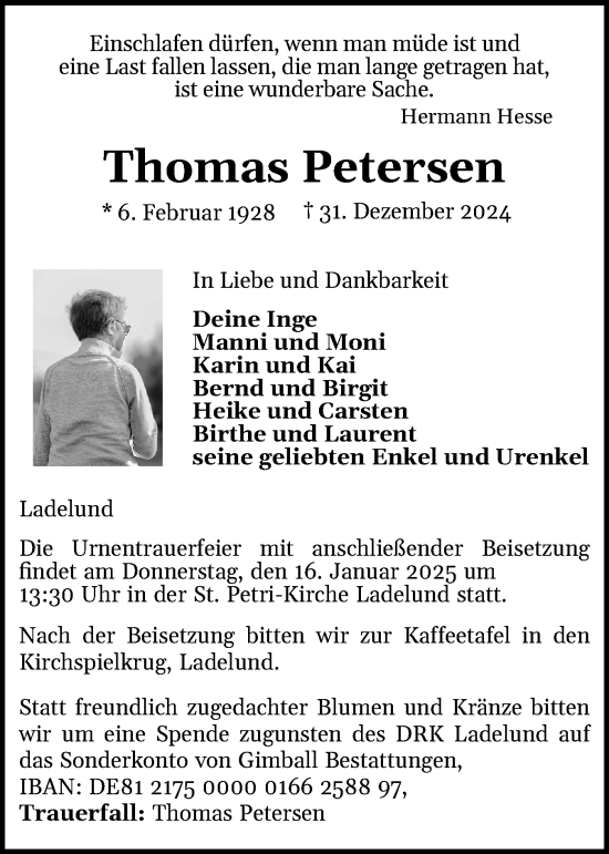 Traueranzeige von Thomas Petersen von Husumer Nachrichten, Nordfriesland Tageblatt