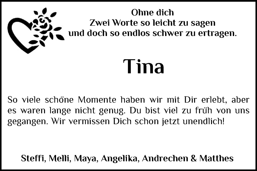 Traueranzeige für Tina  vom 11.01.2025 aus Holsteinischer Courier