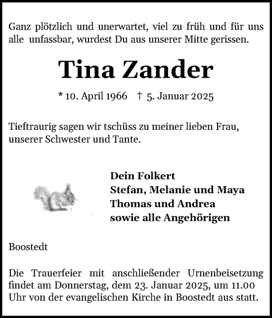 Traueranzeige von Tina Zander von Holsteinischer Courier