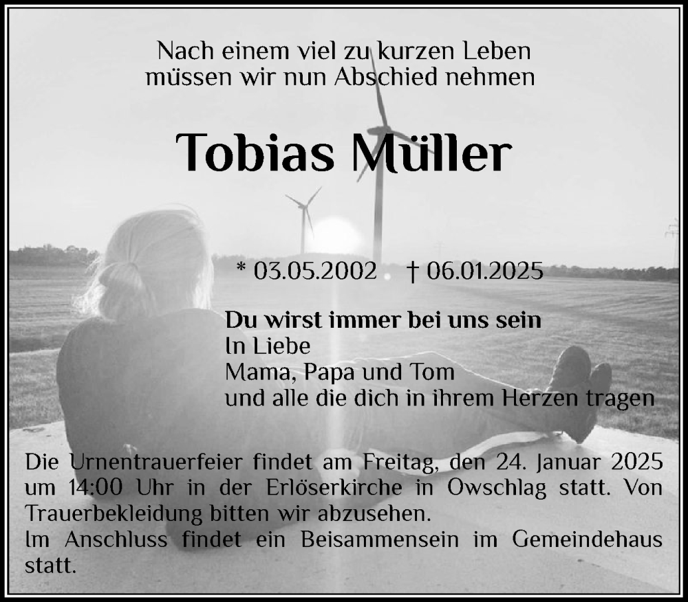  Traueranzeige für Tobias Müller vom 18.01.2025 aus Schleswig-Holsteinische Landeszeitung