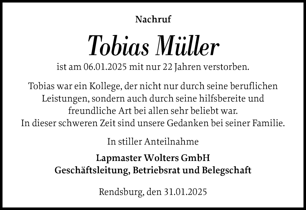  Traueranzeige für Tobias Müller vom 31.01.2025 aus Schleswig-Holsteinische Landeszeitung