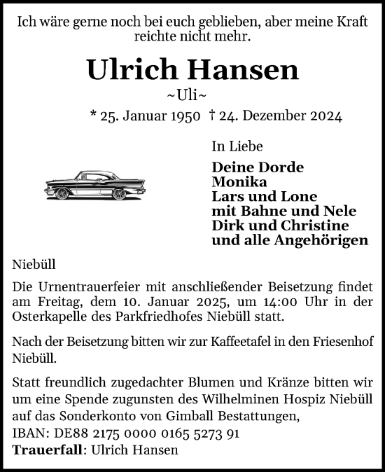 Traueranzeige von Ulrich Hansen von Husumer Nachrichten, Nordfriesland Tageblatt