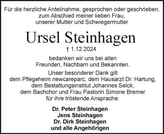 Traueranzeige von Ursel Steinhagen von Holsteinischer Courier