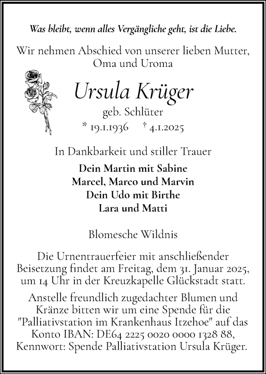 Traueranzeige von Ursula Krüger von Norddeutsche Rundschau, Wilstersche Zeitung, Glückstädter Fortuna