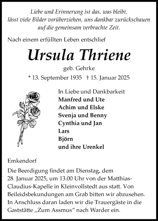 Traueranzeige von Ursula Thriene von Schleswig-Holsteinische Landeszeitung