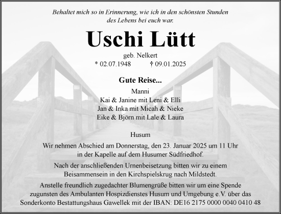 Traueranzeige von Uschi Lütt von Husumer Nachrichten, Nordfriesland Tageblatt