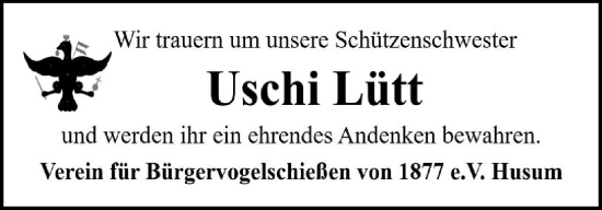 Traueranzeige von Uschi Lütt von Die WochenSchau Gesamtausgabe