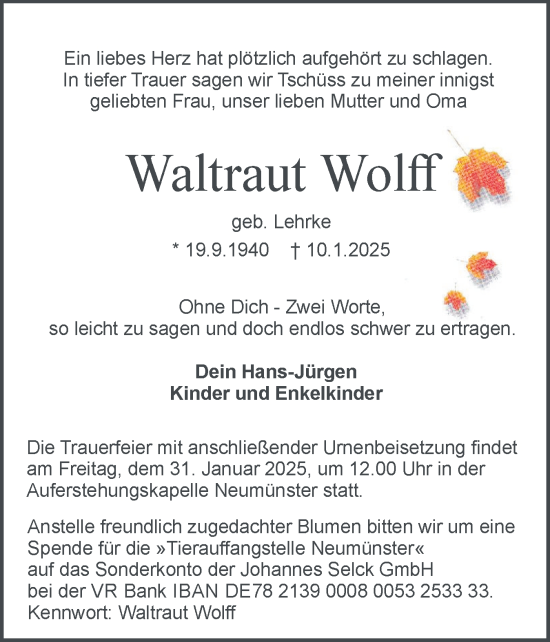 Traueranzeige von Waltraut Wolff von Holsteinischer Courier