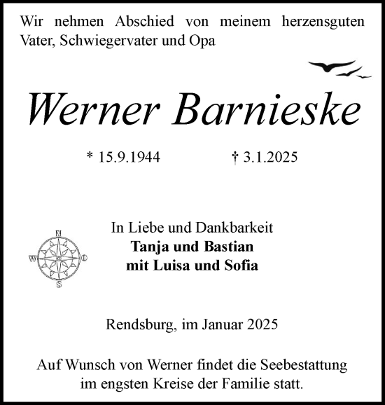 Traueranzeige von Werner Barnieske von Schleswig-Holsteinische Landeszeitung