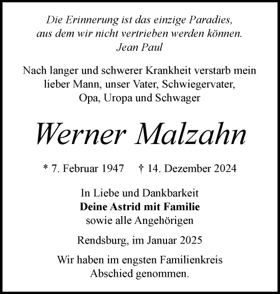Traueranzeige von Werner Malzahn von Schleswig-Holsteinische Landeszeitung