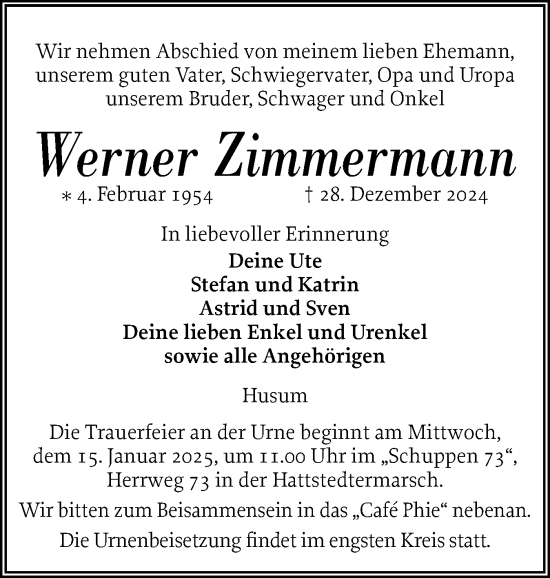 Traueranzeige von Werner Zimmermann von Husumer Nachrichten, Nordfriesland Tageblatt