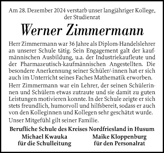 Traueranzeige von Werner Zimmermann von Husumer Nachrichten, Nordfriesland Tageblatt