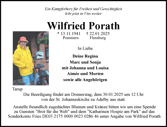 Traueranzeige von Wilfried Porath von Flensburger Tageblatt