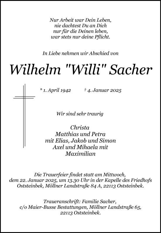 Traueranzeige von Wilhelm Sacher von MARKT Glinde/Reinfeld