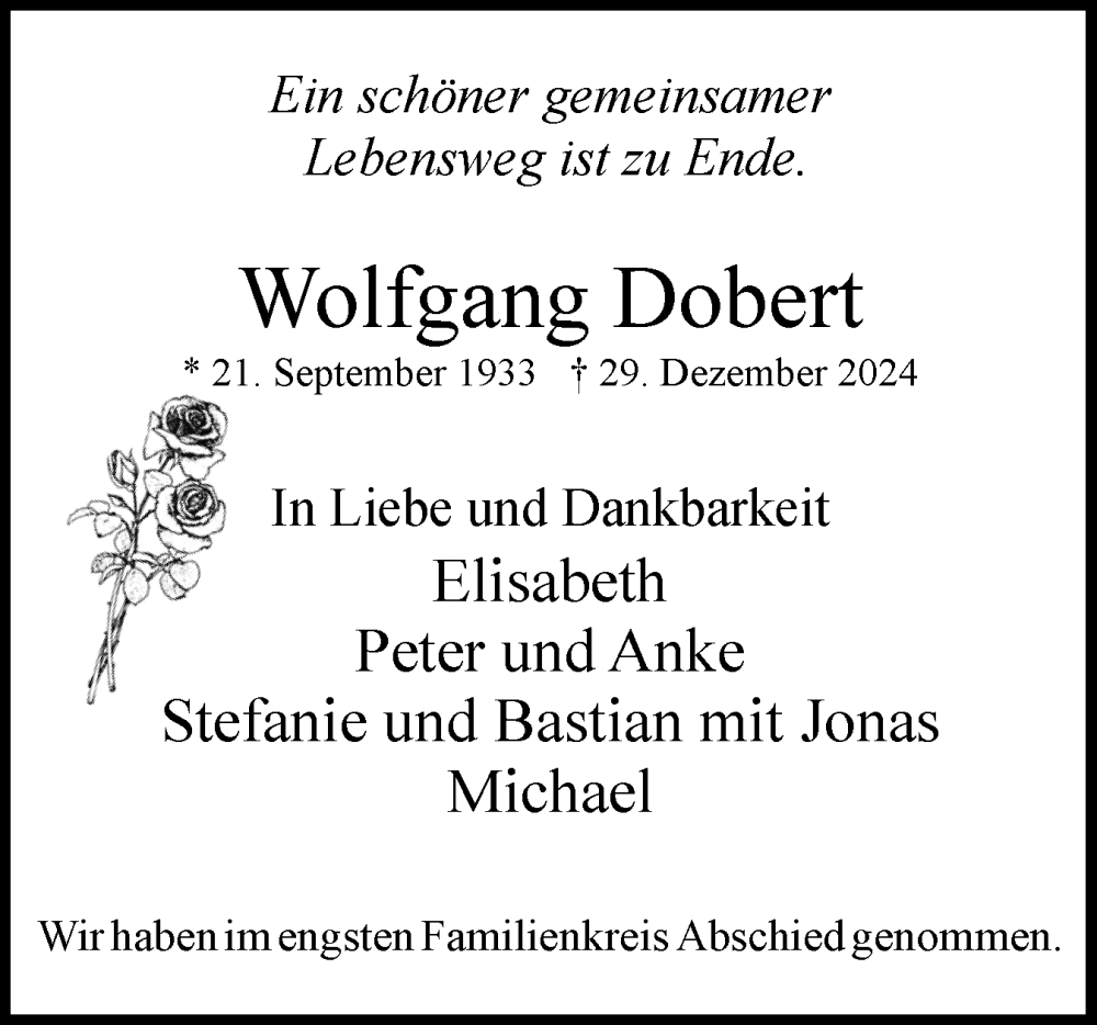  Traueranzeige für Wolfgang Dobert vom 25.01.2025 aus Uetersener Nachrichten, Der tip am Wochenende