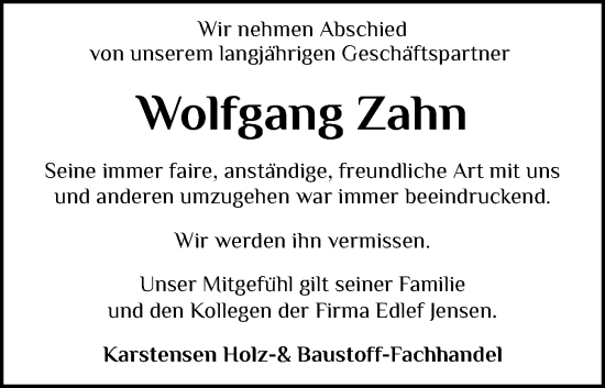 Traueranzeige von Wolfgang Zahn von Region Westküste