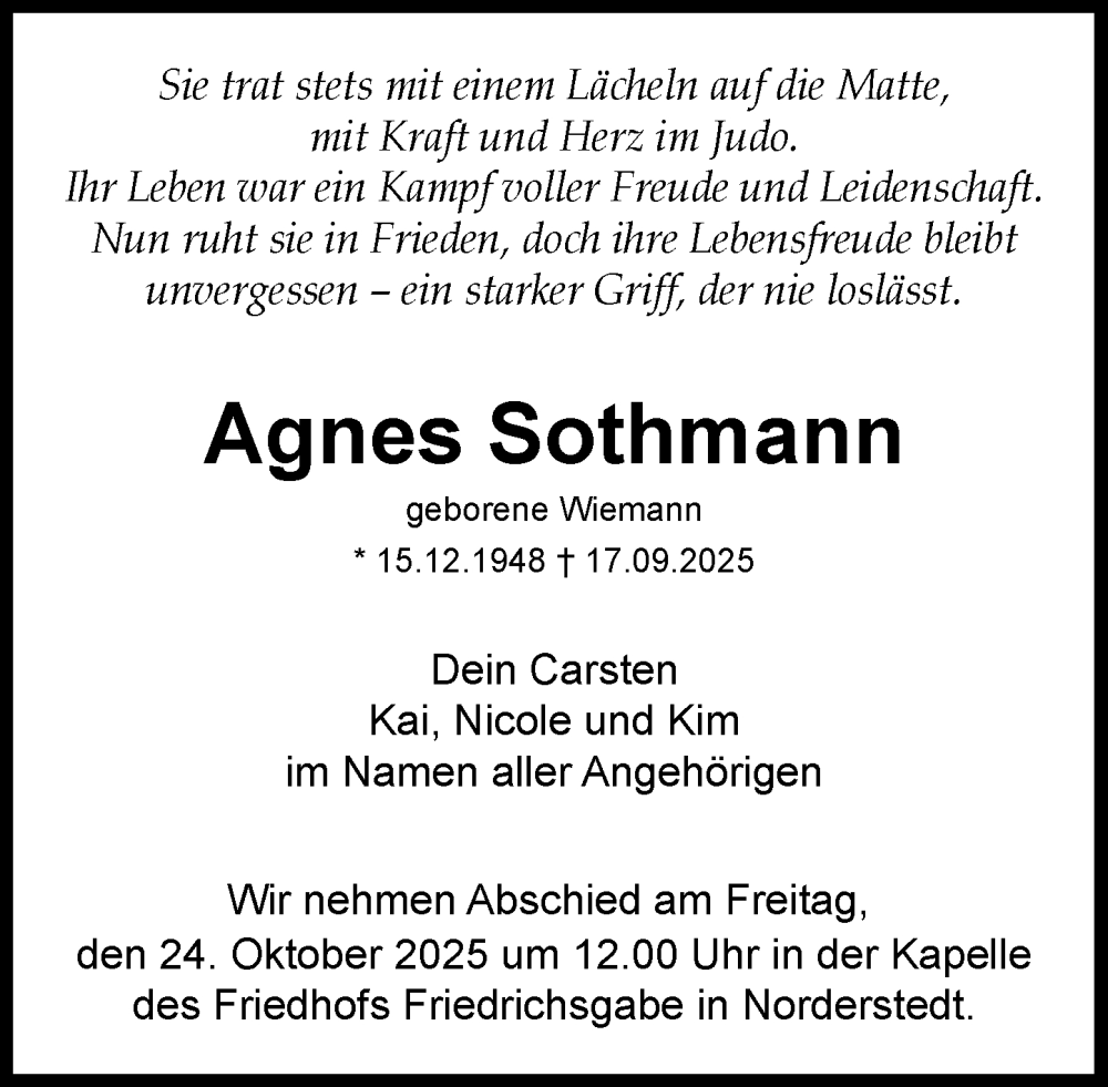  Traueranzeige für Agnes Sothmann vom 18.10.2025 aus Umschau