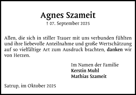 Traueranzeige von Agnes Szameit von Flensburger Tageblatt