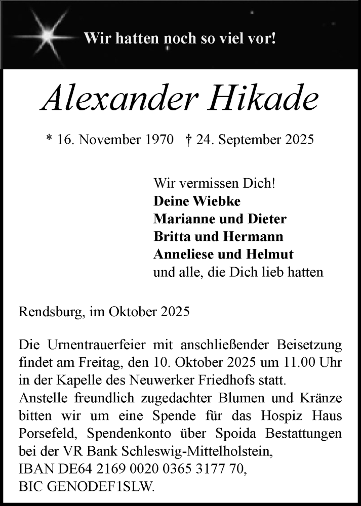  Traueranzeige für Alexander Hikade vom 04.10.2025 aus Schleswig-Holsteinische Landeszeitung