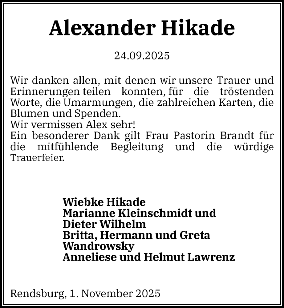  Traueranzeige für Alexander Hikade vom 01.11.2025 aus Schleswig-Holsteinische Landeszeitung