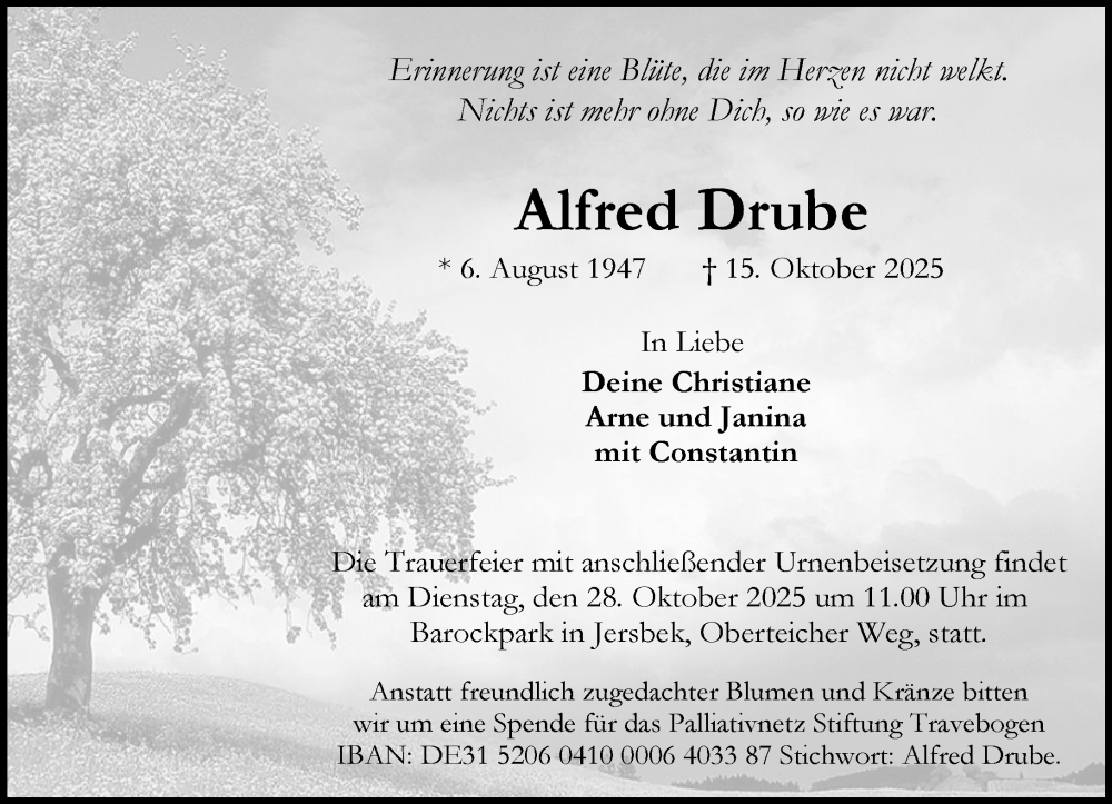  Traueranzeige für Alfred Drube vom 25.10.2025 aus MARKT Bad Oldesloe/Reinfeld und Stormarner Tageblatt