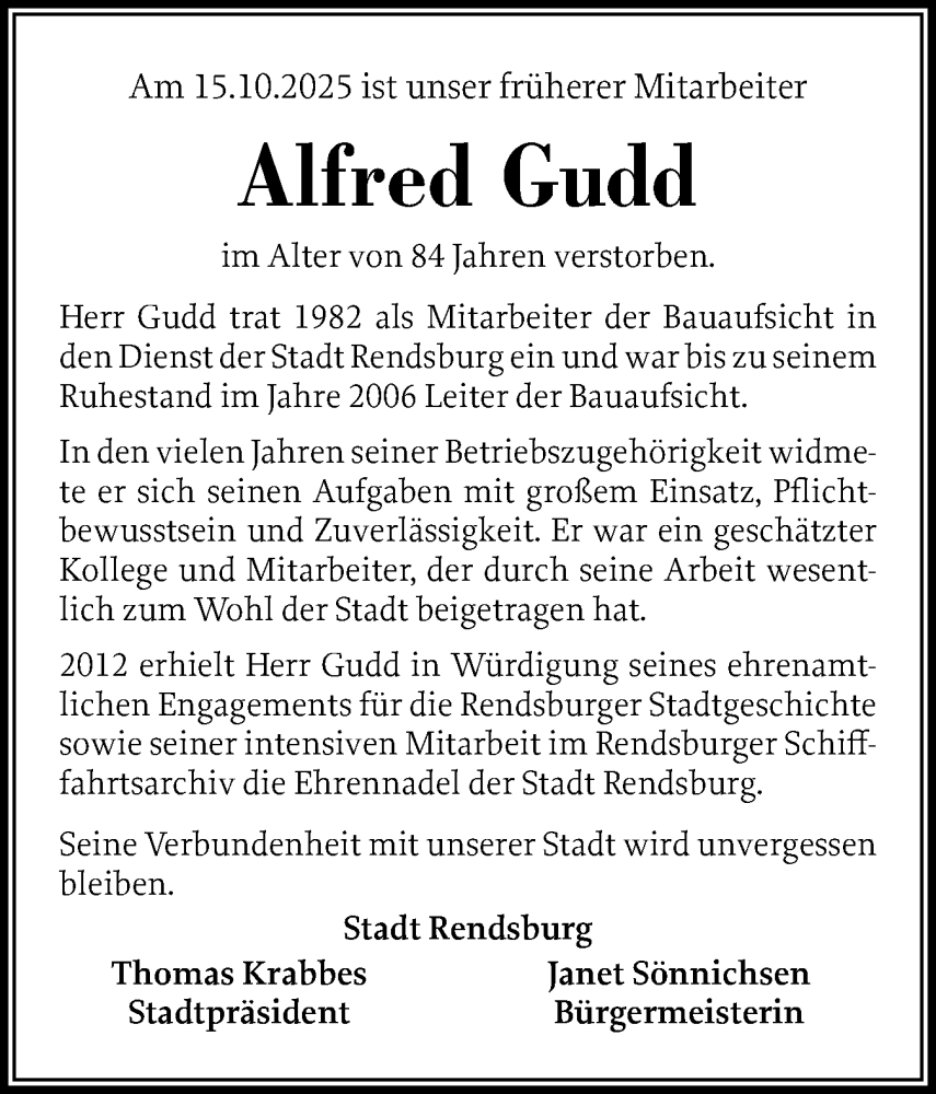  Traueranzeige für Alfred Gudd vom 01.11.2025 aus Schleswig-Holsteinische Landeszeitung
