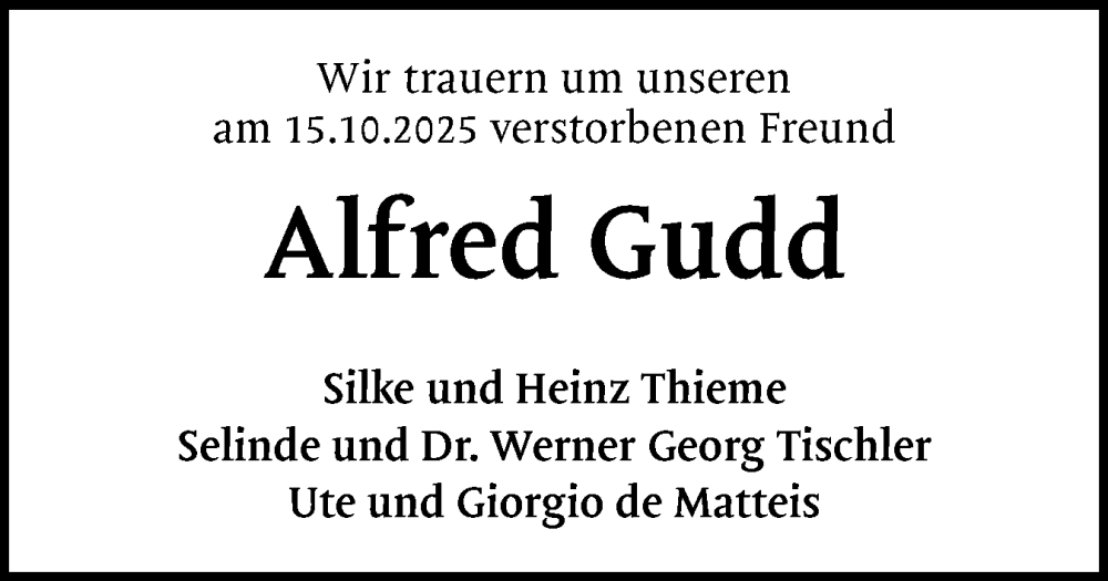  Traueranzeige für Alfred Gudd vom 25.10.2025 aus Schleswig-Holsteinische Landeszeitung