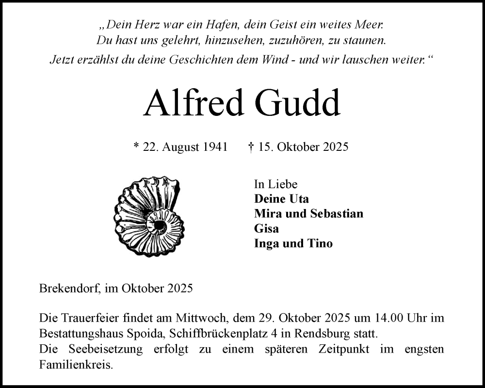  Traueranzeige für Alfred Gudd vom 25.10.2025 aus Schleswig-Holsteinische Landeszeitung
