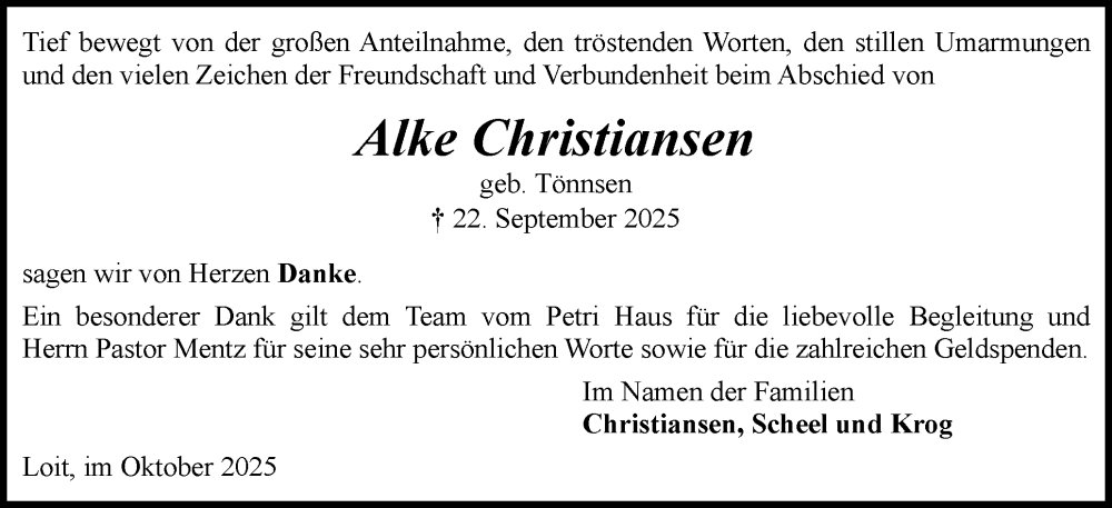  Traueranzeige für Alke Christiansen vom 18.10.2025 aus Schleswiger Nachrichten, Schlei-Bote