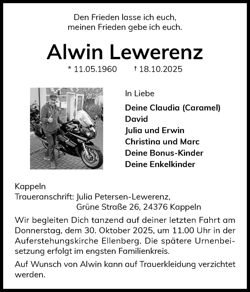  Traueranzeige für Alwin Lewerenz vom 25.10.2025 aus Schleswiger Nachrichten, Schlei-Bote