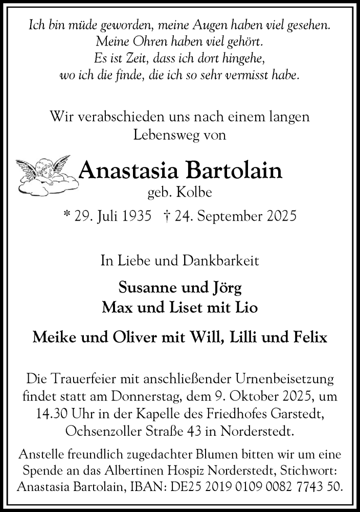  Traueranzeige für Anastasia Bartolain vom 04.10.2025 aus Heimatspiegel
